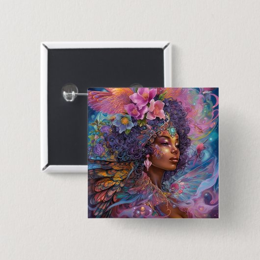 アフリカンアメリカンブラック女神クイーンファンタジーアートB 缶バッジ (正面&裏面)