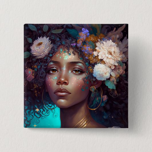 アフリカンアメリカンブラック女神クイーンファンタジーアートB 缶バッジ (正面)