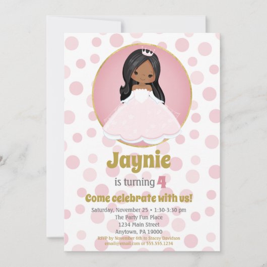アフリカンアメリカンプリンセスガール誕生日招待状 招待状 (正面)