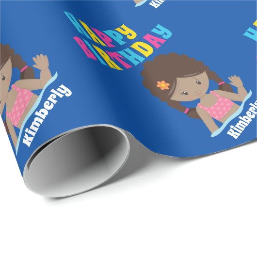 アフリカンアメリカンプールパーティーガールカスタム誕生日 ラッピングペーパー (ロールコーナー)