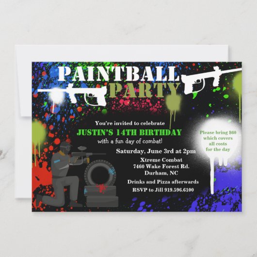 アフリカンアメリカンペイントボール誕生日招待状 招待状 (正面)