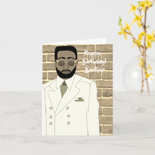 アフリカンアメリカンホワイトスーツブラザー誕生日 カード (黄色い花)