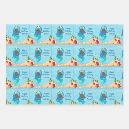 アフリカンアメリカンマーメイドガールキッズカスタム誕生日 ラッピングペーパーシート (正面2)