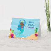 アフリカンアメリカンマーメイドガールキッズハッピーバースデー カード (正面)