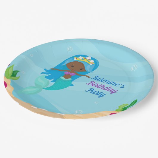 アフリカンアメリカンマーメイドガール子供の誕生日パーティー ペーパープレート (アングル)