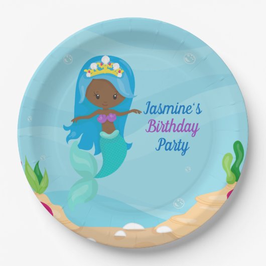 アフリカンアメリカンマーメイドガール子供の誕生日パーティー ペーパープレート (正面)