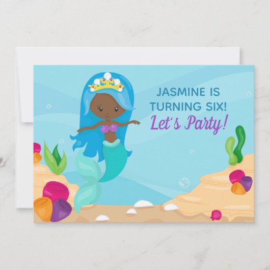 アフリカンアメリカンマーメイドガール子供の誕生日パーティー 招待状 (正面)