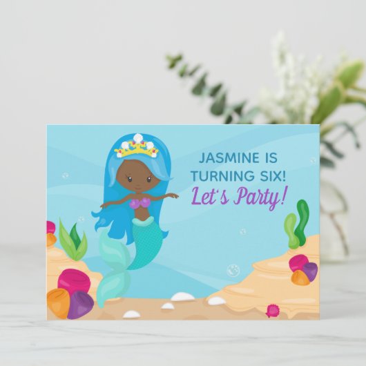 アフリカンアメリカンマーメイドガール子供の誕生日パーティー 招待状 (スタンド正面)