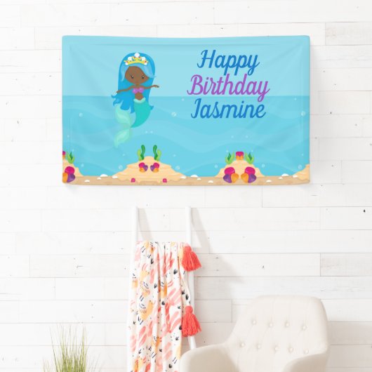 アフリカンアメリカンマーメイドガール子供の誕生日パーティー 横断幕 (インサイチュ)