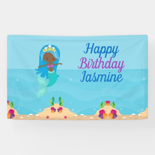 アフリカンアメリカンマーメイドガール子供の誕生日パーティー 横断幕 (横)