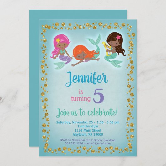 アフリカンアメリカンマーメイド誕生日招待状ガールズ 招待状 (正面/裏面)