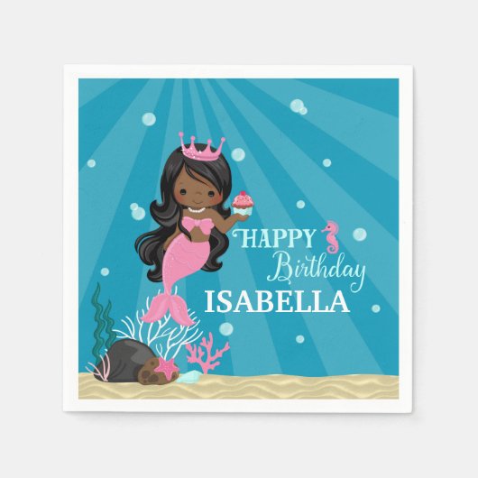 アフリカンアメリカンマーメイド誕生日 スタンダードカクテルナプキン (正面)