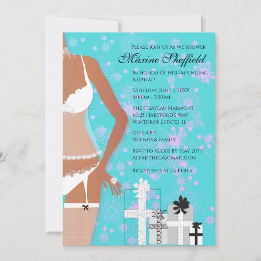 アフリカンアメリカンランジェリーブライダルシャワーティール(緑がかった色) 招待状 (正面)