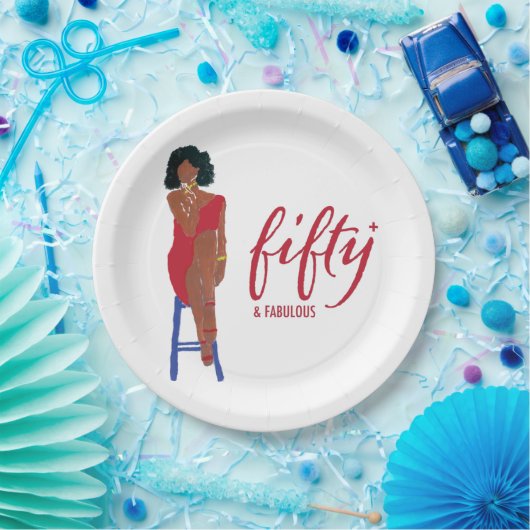 アフリカンアメリカンレッドドレスディヴァ50+と素晴らしい ペーパープレート (パーティー)