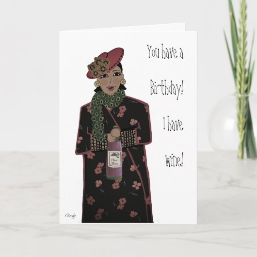 アフリカンアメリカンレディーワイン誕生日 カード (正面)
