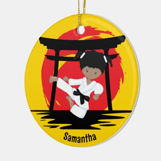 アフリカンアメリカン空手ガールカスタムクリスマス セラミックオーナメント (左)