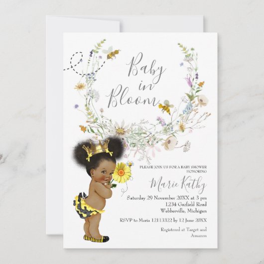 アフリカンアメリカン素朴ビーワイルドフラワー招待状 招待状 (正面)