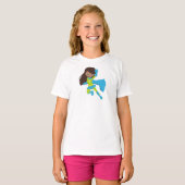 アフリカンアメリカン・ガール、スーパーヒーロー・ガール、ブルーケープ Tシャツ (正面フル)