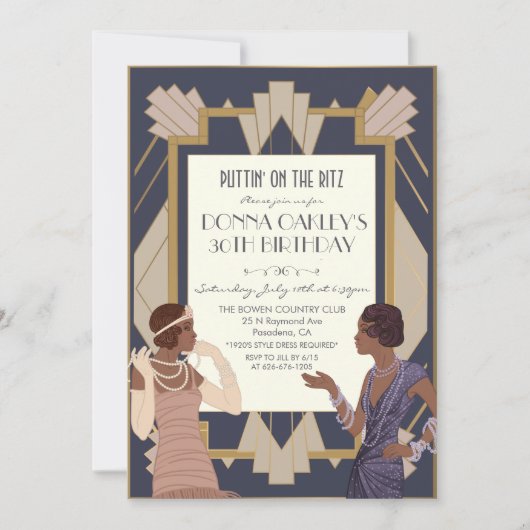 アフリカンアメリカン・ギャツビーアールデコ誕生日 招待状 (正面)