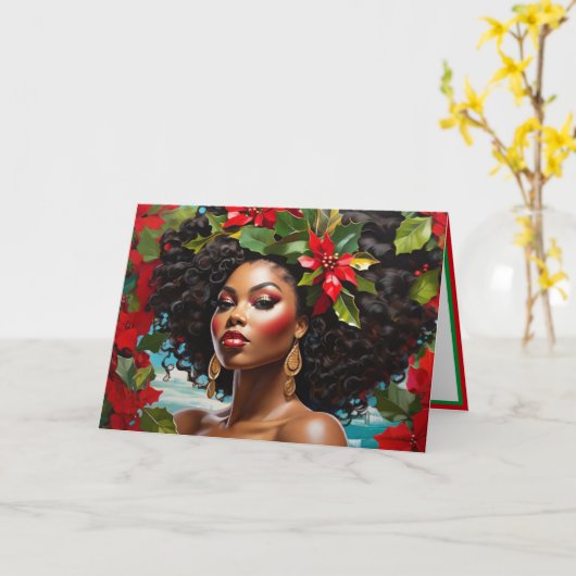 アフリカンアメリカンDivaイラストレーションクリスマスホリー カード (黄色い花)