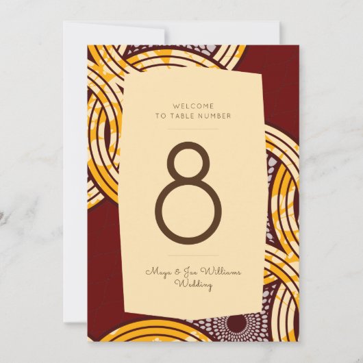 アフリカンアンカラキテンゲ金ゴールドフローラテーブル番号 招待状 (正面)