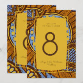 アフリカンアンカラスカイブルー金ゴールドフローラテーブル番号 招待状 (正面/裏面)