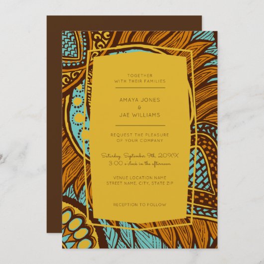 アフリカンアンカラティール（緑がかった色）フローラ結婚式招待状 招待状 (正面/裏面)