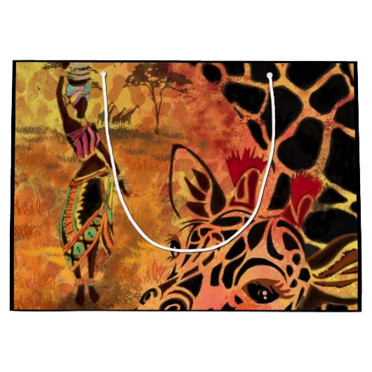 アフリカンガールとキリン – フレンズ – アートスケッチ ラージペーパーバッグ (正面)