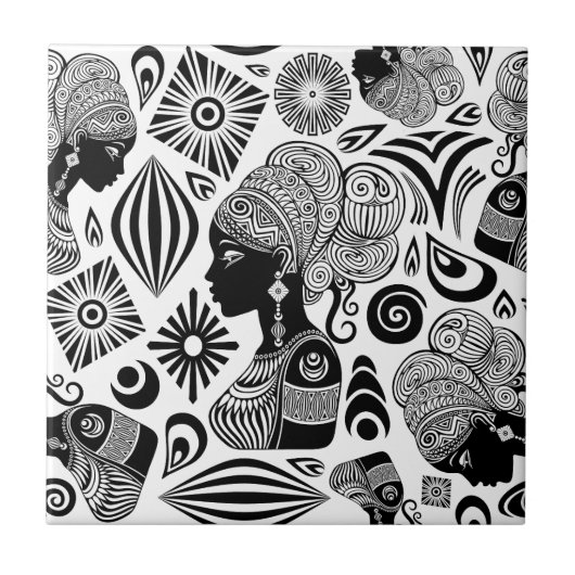 アフリカンガールポートレートトライバルタトゥー タイル (正面)