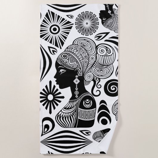 アフリカンガールポートレートトライバルタトゥー ビーチタオル (正面)