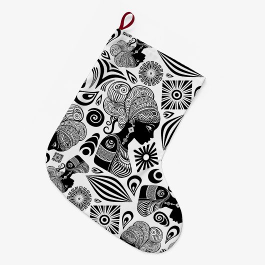 アフリカンガールポートレートトライバルタトゥー ラージクリスマスストッキング (正面 (吊り時))