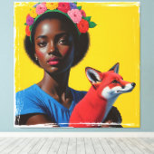 アフリカンガール&フォックスポートレート キャンバスプリント (インサイチュ (ウッドフロア))