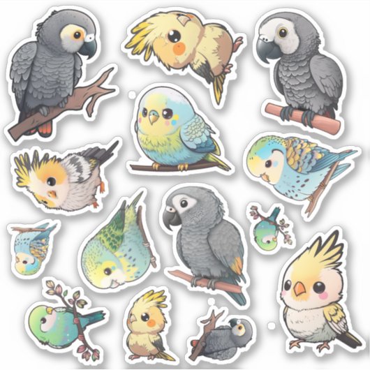 アフリカングレー、コッカティエル、およびパレーケートのステッカーシート シール (正面)