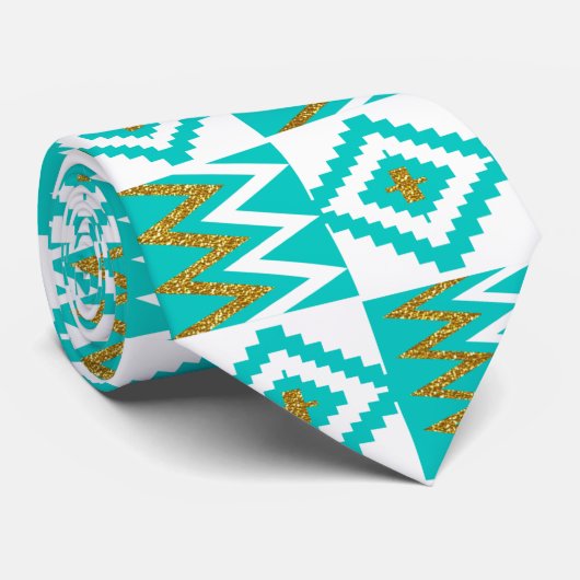 アフリカンケンテクロスホワイトアクアティール（緑がかった色）ブルーネクタイ ネクタイ (ロール)