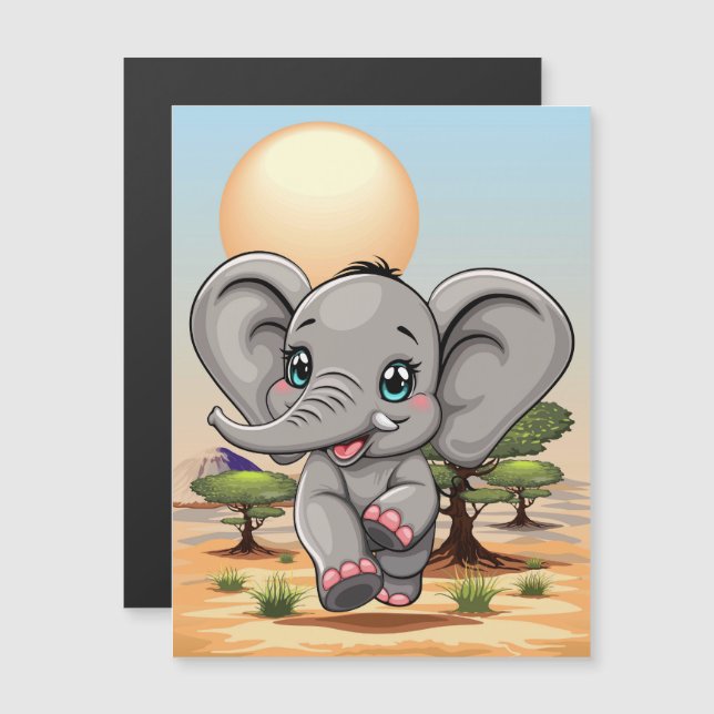 アフリカンサバンナで象のベビーが幸せにジャンプ (正面/裏面)