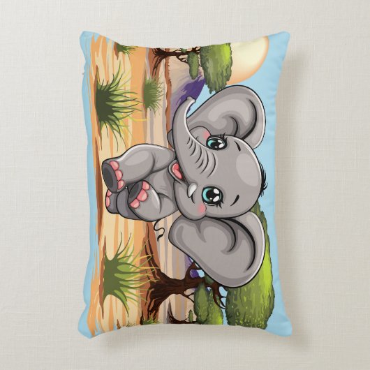 アフリカンサバンナで象のベビーが幸せにジャンプ アクセントクッション (正面(垂直))