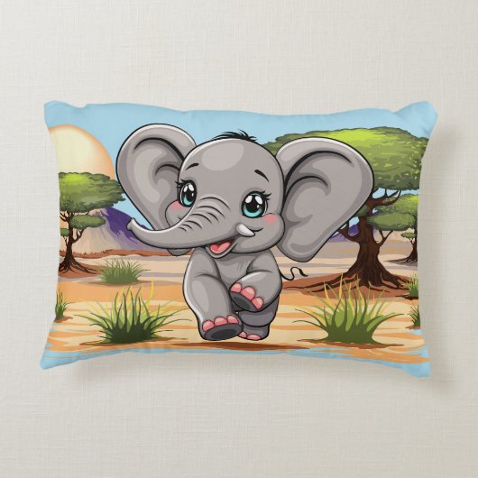 アフリカンサバンナで象のベビーが幸せにジャンプ アクセントクッション (裏面)
