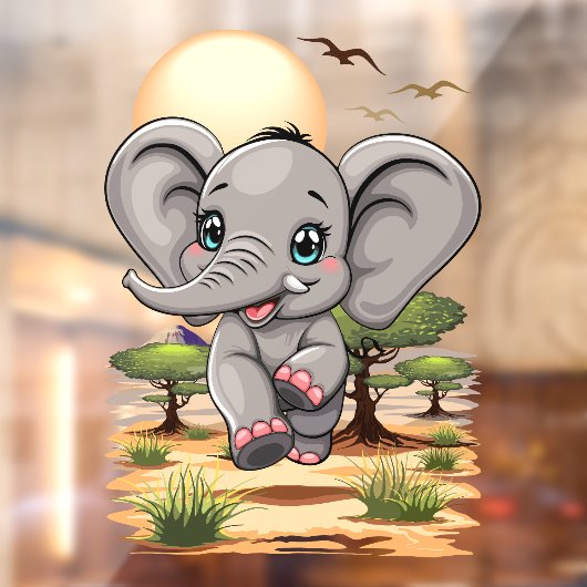 アフリカンサバンナで象のベビーが幸せにジャンプ ウィンドウサイン (シート2)