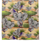 アフリカンサバンナで象のベビーが幸せにジャンプ シャワーカーテン (正面)