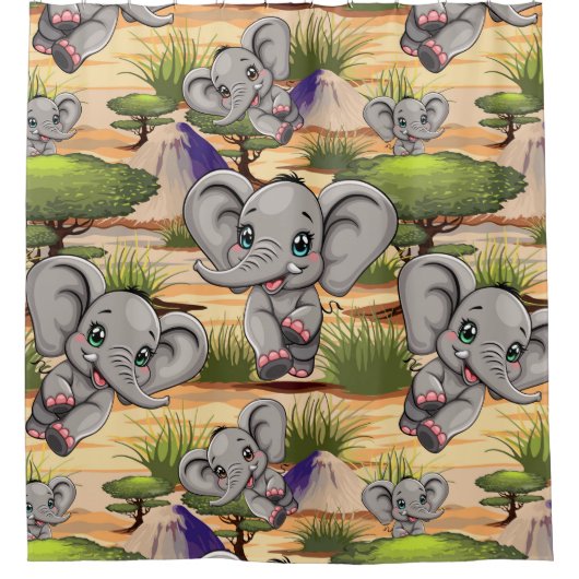 アフリカンサバンナで象のベビーが幸せにジャンプ シャワーカーテン (正面)