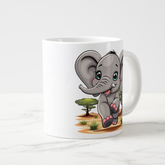 アフリカンサバンナで象のベビーが幸せにジャンプ ジャンボコーヒーマグカップ (正面右)