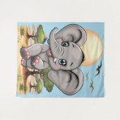 アフリカンサバンナで象のベビーが幸せにジャンプ タペストリー (正面(横))