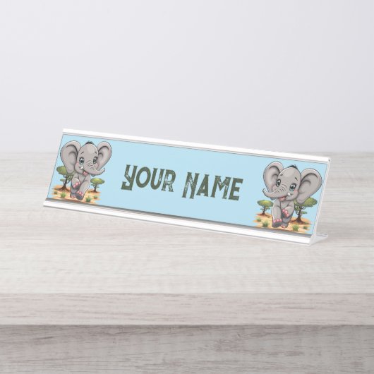 アフリカンサバンナで象のベビーが幸せにジャンプ デスクネームプレート (正面)