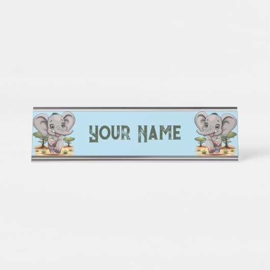 アフリカンサバンナで象のベビーが幸せにジャンプ デスクネームプレート (正面)