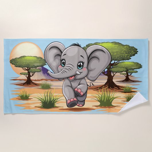 アフリカンサバンナで象のベビーが幸せにジャンプ ビーチタオル (正面)