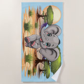 アフリカンサバンナで象のベビーが幸せにジャンプ ビーチタオル (正面)