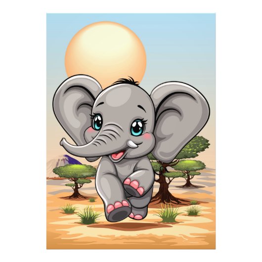 アフリカンサバンナで象のベビーが幸せにジャンプ フォトプリント            (正面)