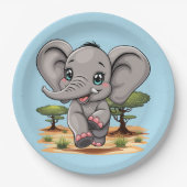 アフリカンサバンナで象のベビーが幸せにジャンプ ペーパープレート (正面)