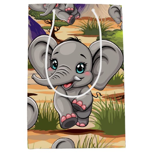 アフリカンサバンナで象のベビーが幸せにジャンプ ミディアムペーパーバッグ (正面)