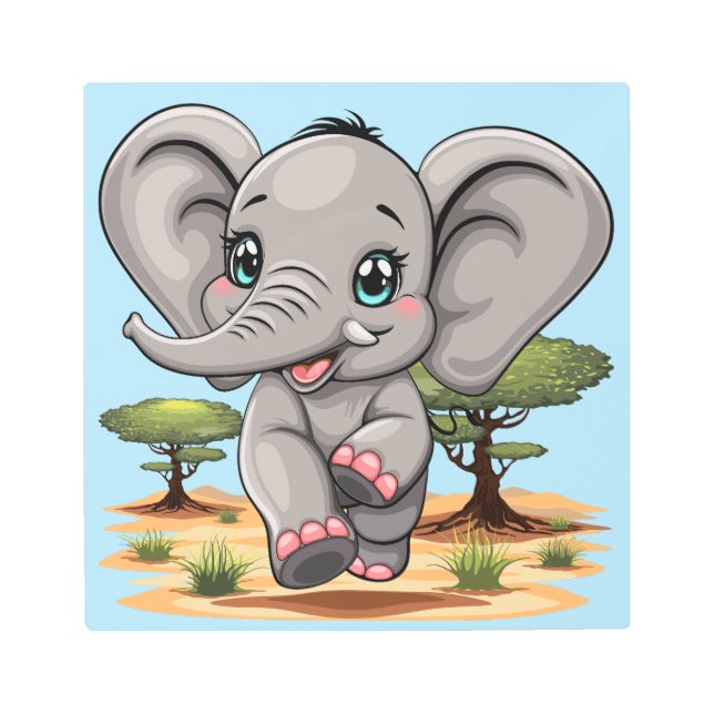 アフリカンサバンナで象のベビーが幸せにジャンプ メタルプリント (正面)